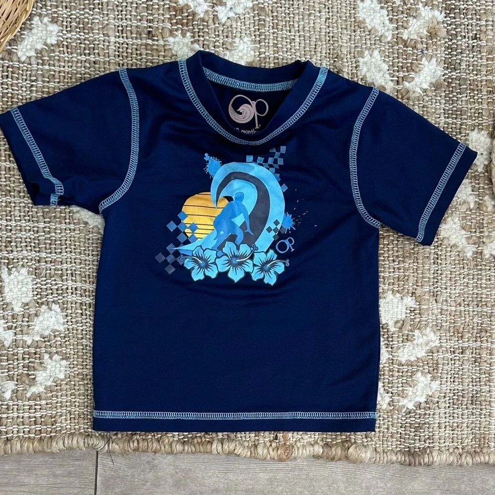 OP Baby Toddler Boy Navy Blue Surfing Graphic Swim Rash Guard Short Sleeve Shirt